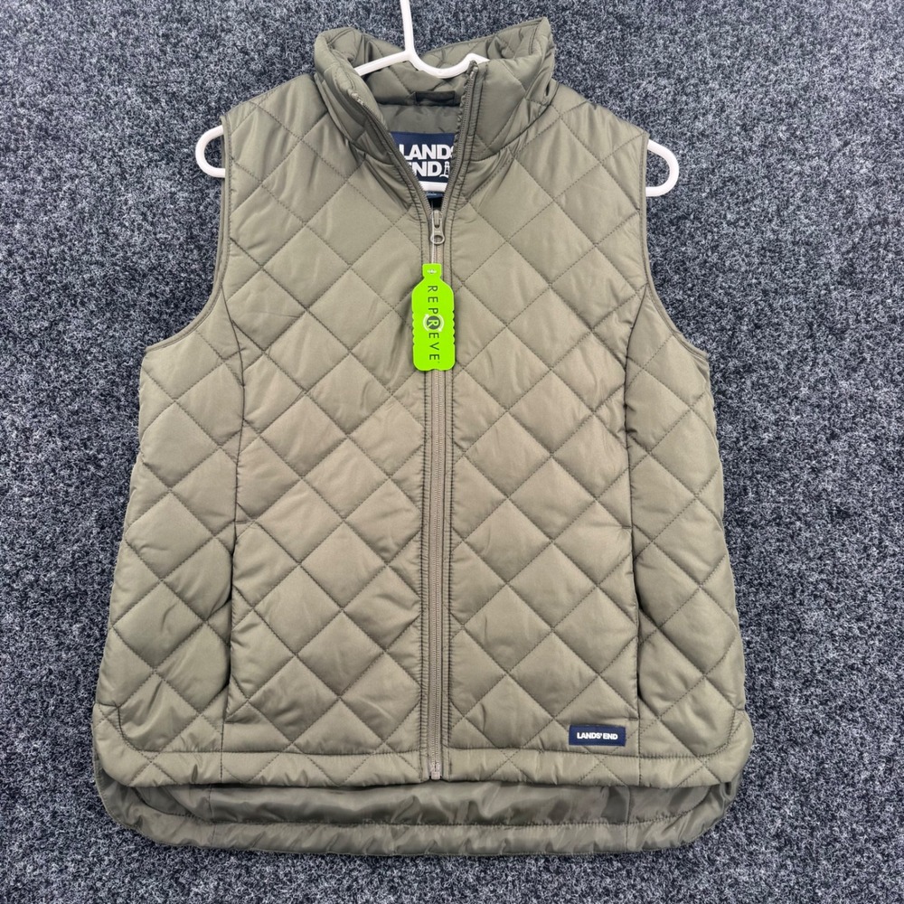 Lands End Womens Olive Green Quilted Puffer Vest Full Zip Repreve Small 6-8